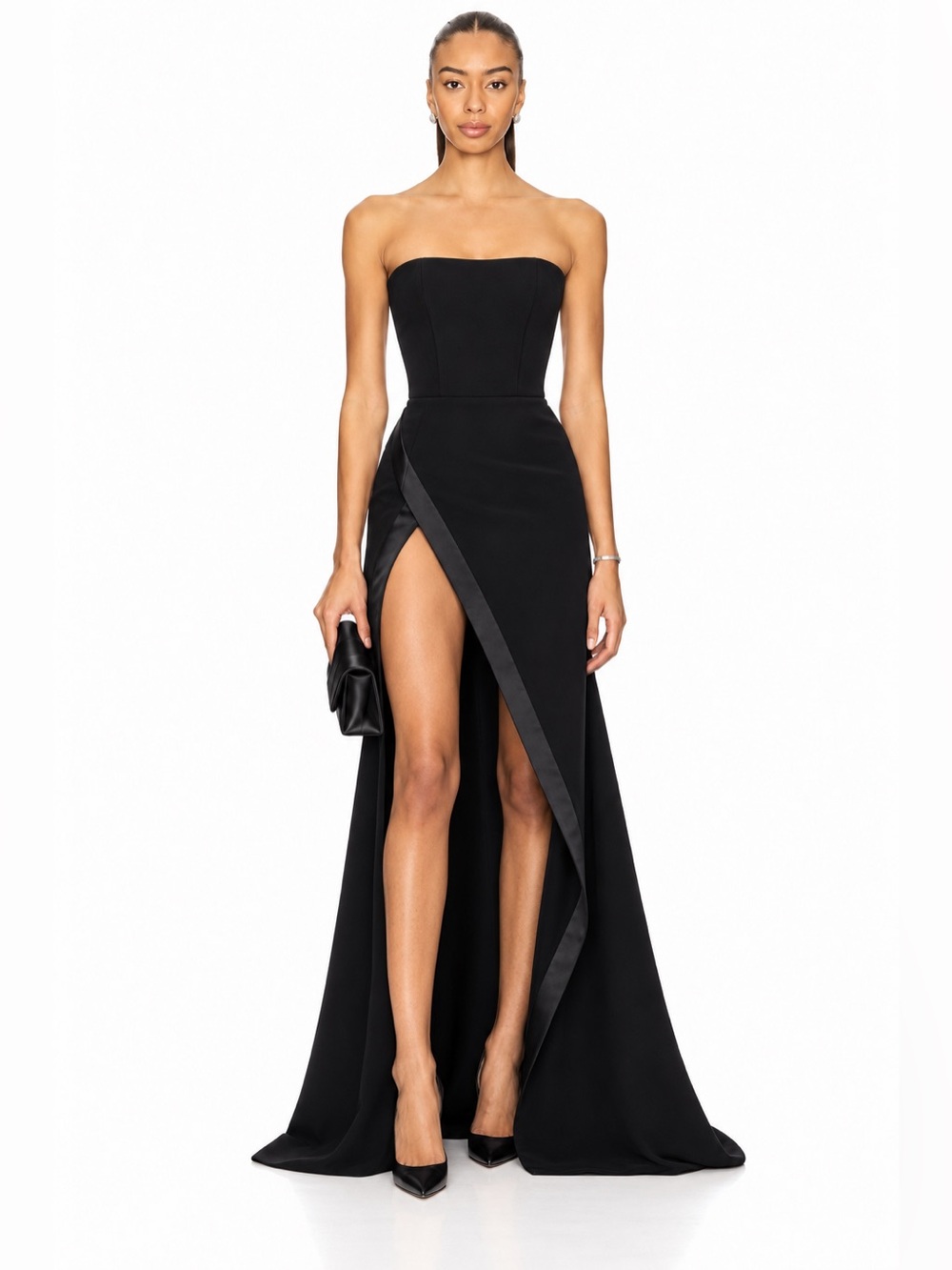 Strapless Black Evening Gown with High Slit